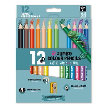 Ars Una 12 színű, háromszögletű színes ceruzakészlet hegyezővel, JUMBO