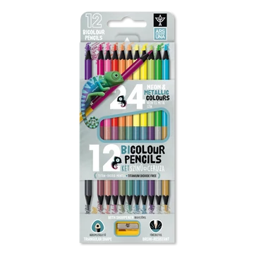 Ars Una 12/24 neon-metál bicolor, háromszögletű színes ceruzakészlet, hegyezővel