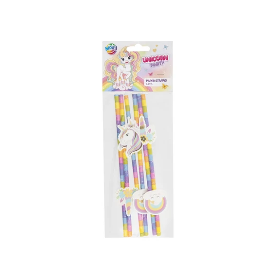 Unikornis papírszívószál, 19,5 cm, 6 db