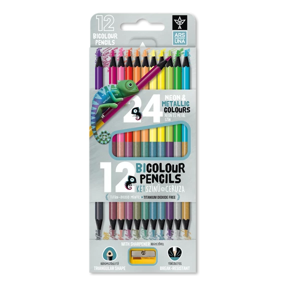 Ars Una 12/24 neon-metál bicolor, háromszögletű színes ceruzakészlet, hegyezővel
